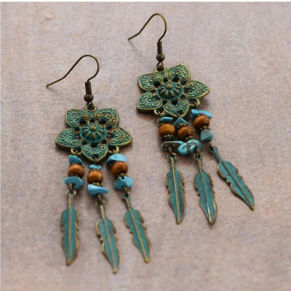 Boho Gypsy Stamped Metal Patina Drop Earrings - Picture 5 of 13